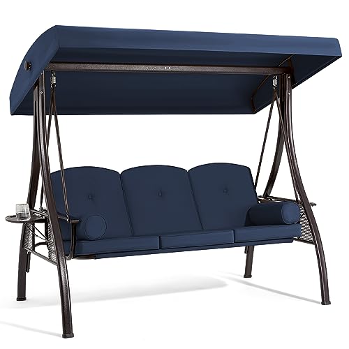 HOMREST 3 Person Outdoor Porch Swing with 1.5" Deep Cup Holder, Adjustable Canopy, Backrest, Patio Swing Bed with Weather Resistant Steel Frame, Cushions for Garden,Deck and Poolside(Blue)