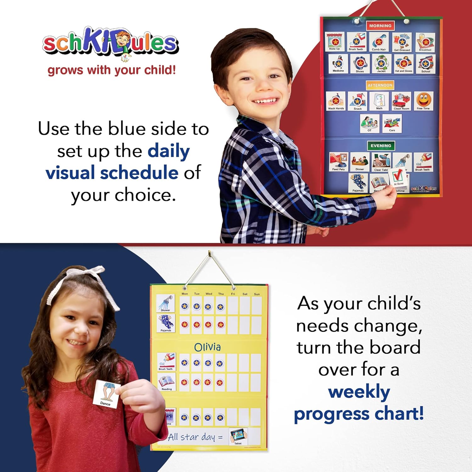 SchKIDules Visual Schedule for Kids Deluxe Bundle Daily Activity Chart / Weekly Progress Chart, 2-Sided Trifold Magnet Board & 189 Magnetic Picture Cards (for Preschool, Children, Toddlers, Autism) Pack of 2