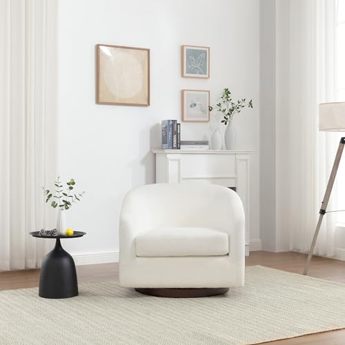 MINCETA Accent Chairs,Oversized 360 Swivel Barrel Chairs(Seat Area:23.6" D x 24.4" W),Modern Boucle Armchair with Wood Base for Living Room and Bedroom,PU Leather in Brown
