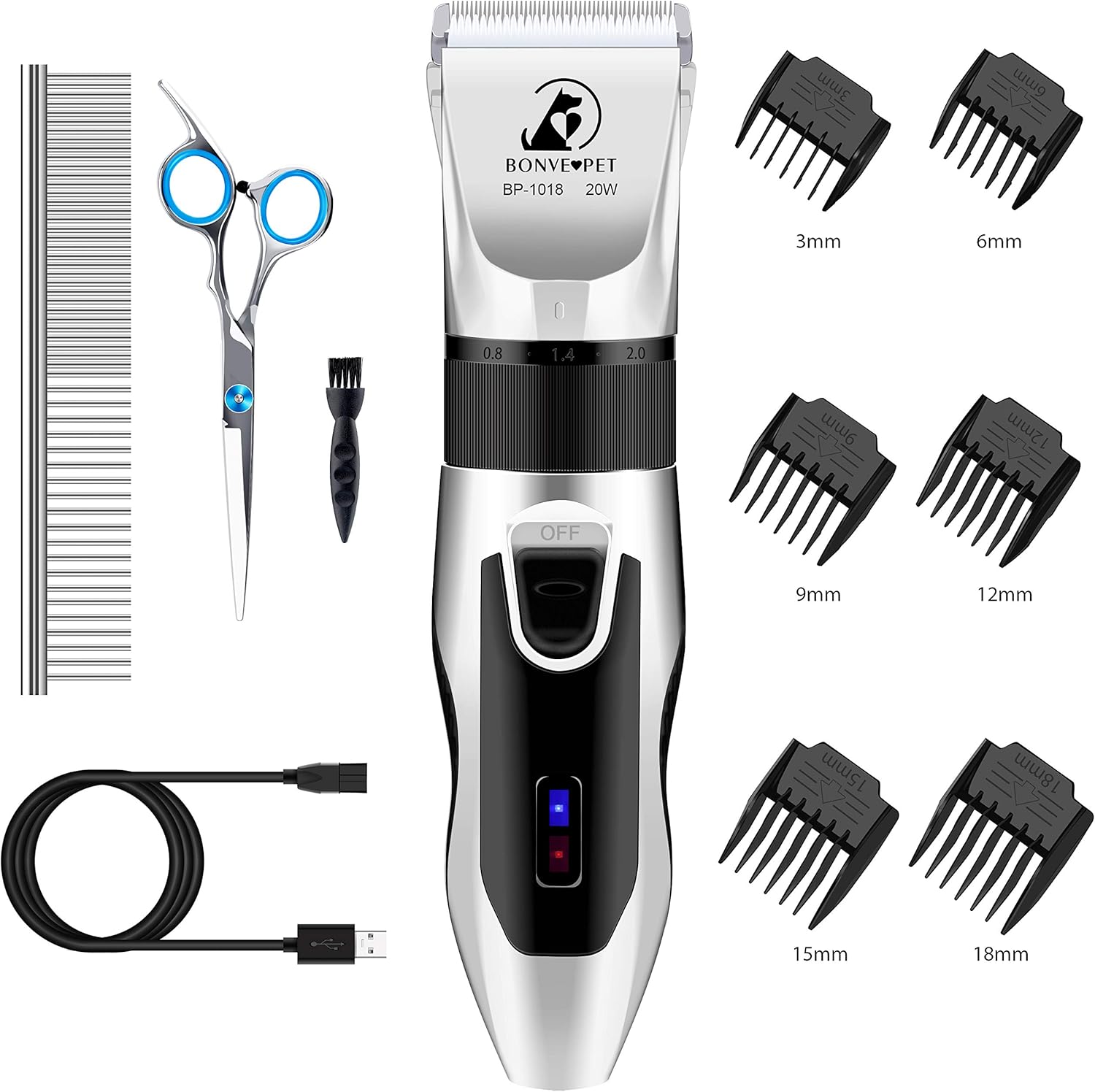 Bonve Pet Dog Clippers, Dog Grooming Kit Quiet Electric Pet Clippers Cordless Rechargeable Professional Dog Hair Clippers for Thick Coats Dogs Cats Pets
