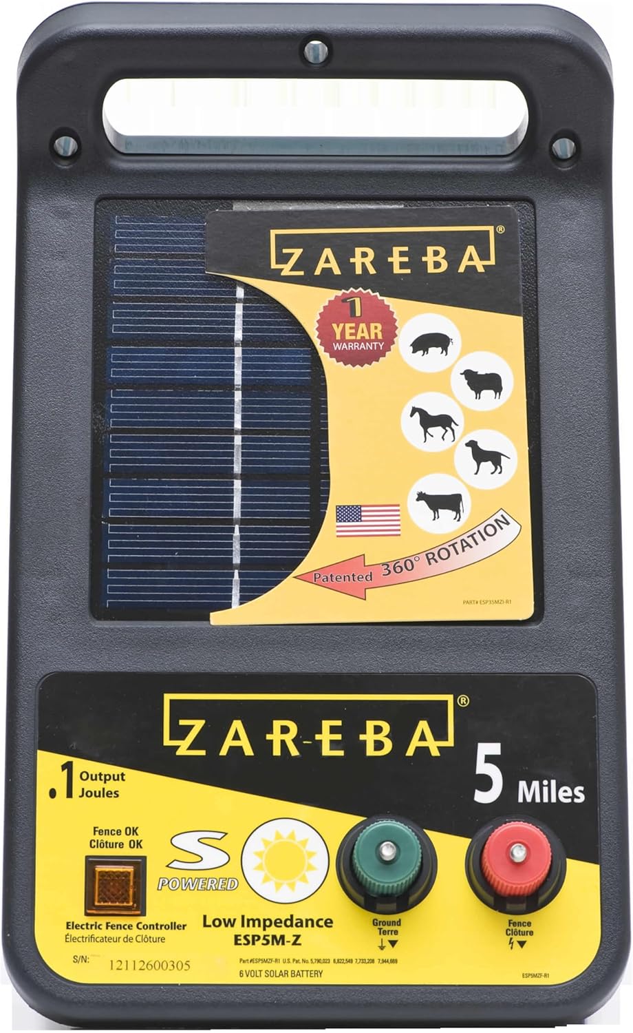 Zareba ESP5M-Z Solar Powered Low Impedance Electric Fence Charger - 5 Mile Lightning Electric Fence Energizer, Contain Animals and Keep Out Predators,Black