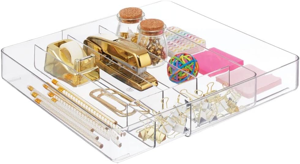 mDesign Adjustable, Expandable Plastic Kitchen Cabinet Drawer Storage Organizer Tray - for Storing Organizing Cutlery, Spoons, Cooking Utensils, Gadgets - Clear