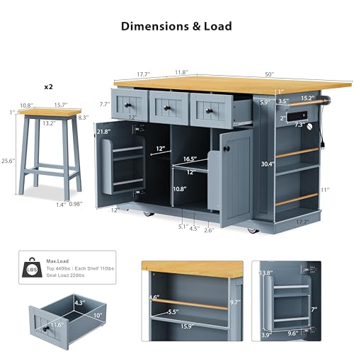 53" Rolling Large Kitchen Island Set with Power Outlet,Mobile Carts with Storage Cabinet,Extra Drop Leaf,3 Drawers and 5 Open Side Racks,Wood Table for Dining Room (Island & Stools)