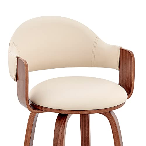 Armen Living Daxton Mid Century Modern Swivel Bar Stool for Kitchen Island Counter in Cream Faux Leather and Walnut Wood, 26" Seat Height