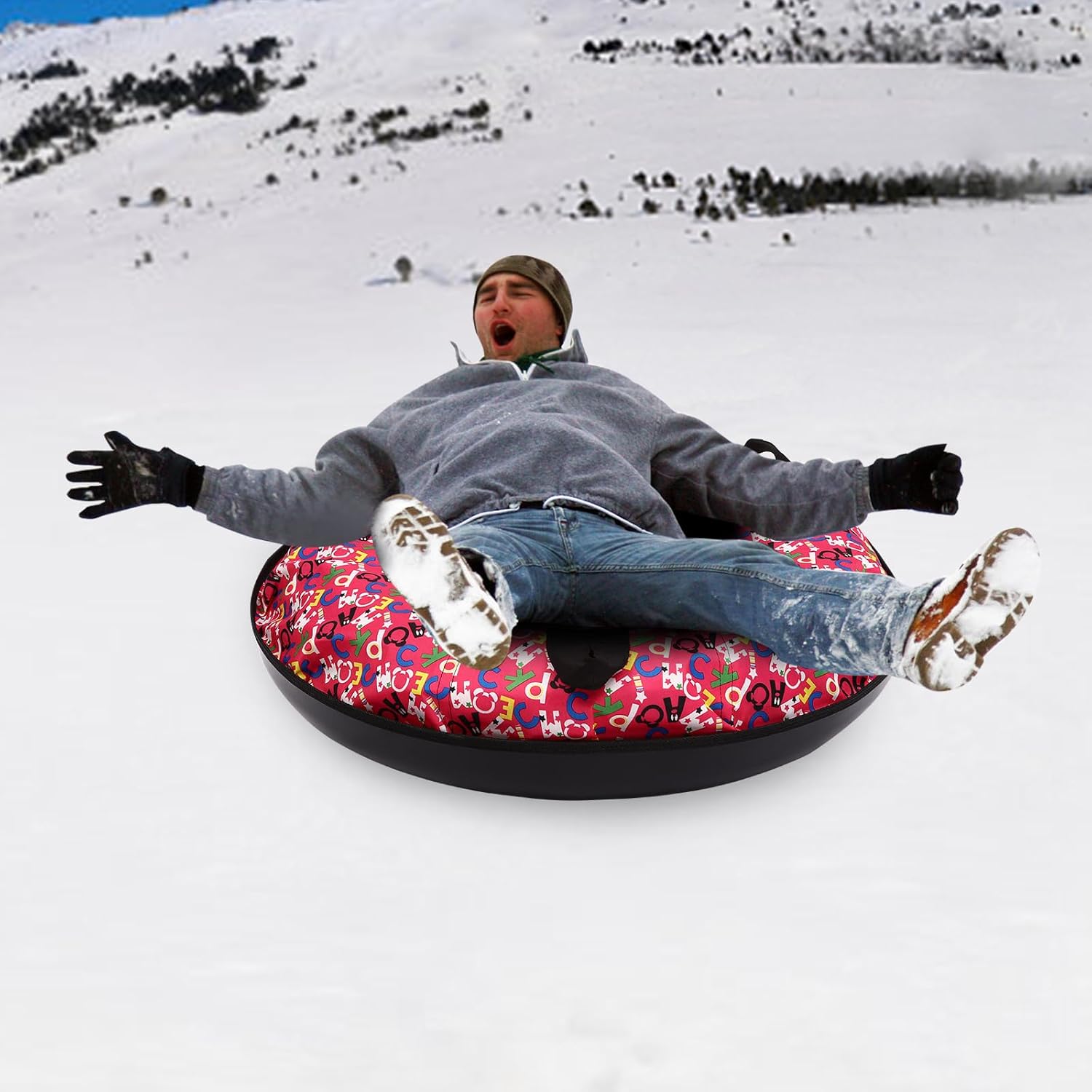 Snow Tube Heavy Duty with a Hard Plastic Bottom,90cm Oxford Cloth Inflatable Sledding Tube, Snow Sleds for Kids and Adult, Inflatable Sled(Include Cushion)