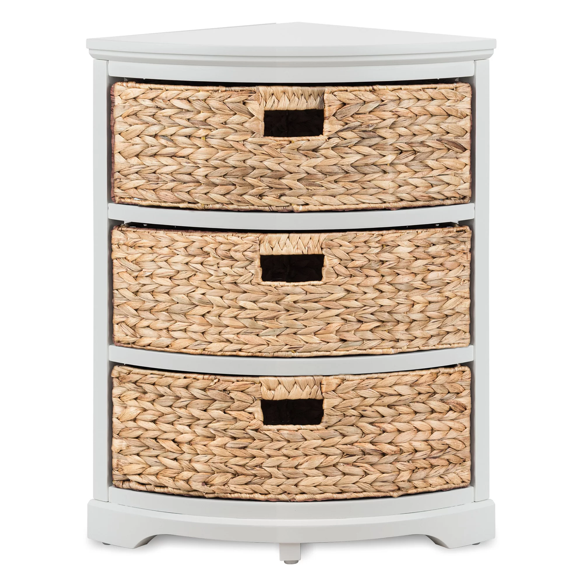 Hampton Meadows 3 Tier X-Side Corner Table Storage Cabinet with 3 Natural Water Hyacinth Wicker Baskets for Living Room, White