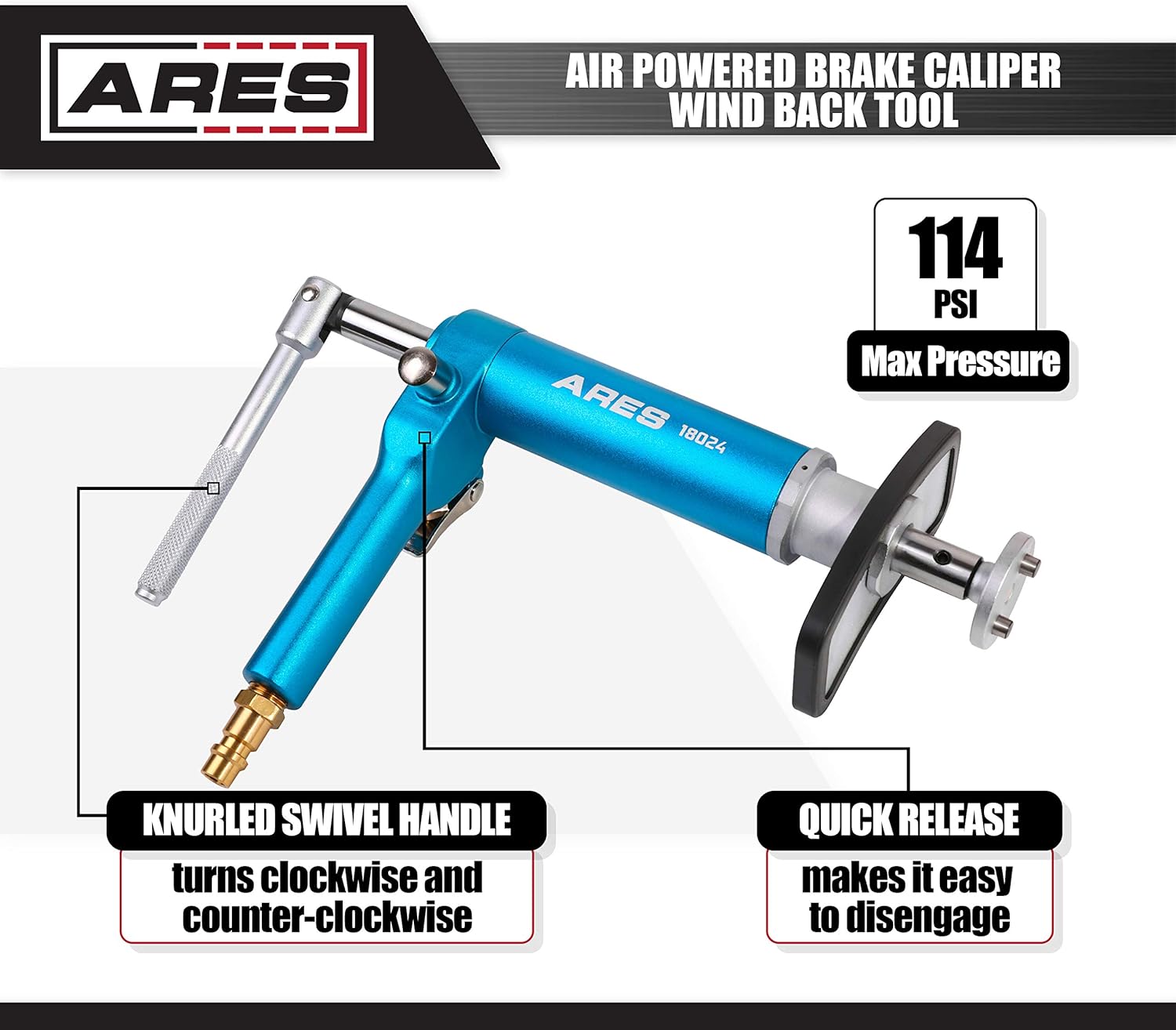 ARES 18024-16-Piece Brake Caliper Wind Back Tool Set - Pneumatic Design for Easy One-Person Use - Includes Compressor Tool, 15 Drive Key Disc Adapters - Storage Case Included