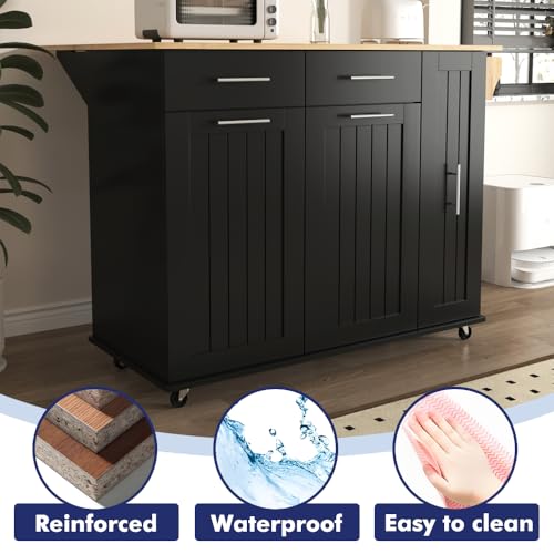 Rolling Kitchen Island on Wheels with Storage 3 Tier Cabinet and Drawers, Table with Towel and Spice Rack, Cart with Drop Leaf and Power Outlet (Type P. Black)