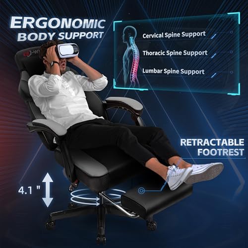 Gaming Chairs for Adults, Computer Chair with Footrest and Ergonomic High Back, Big and Tall Gamer Chairs with Massage Lumbar Support, 360° Swivel Height Adjustable, Blue