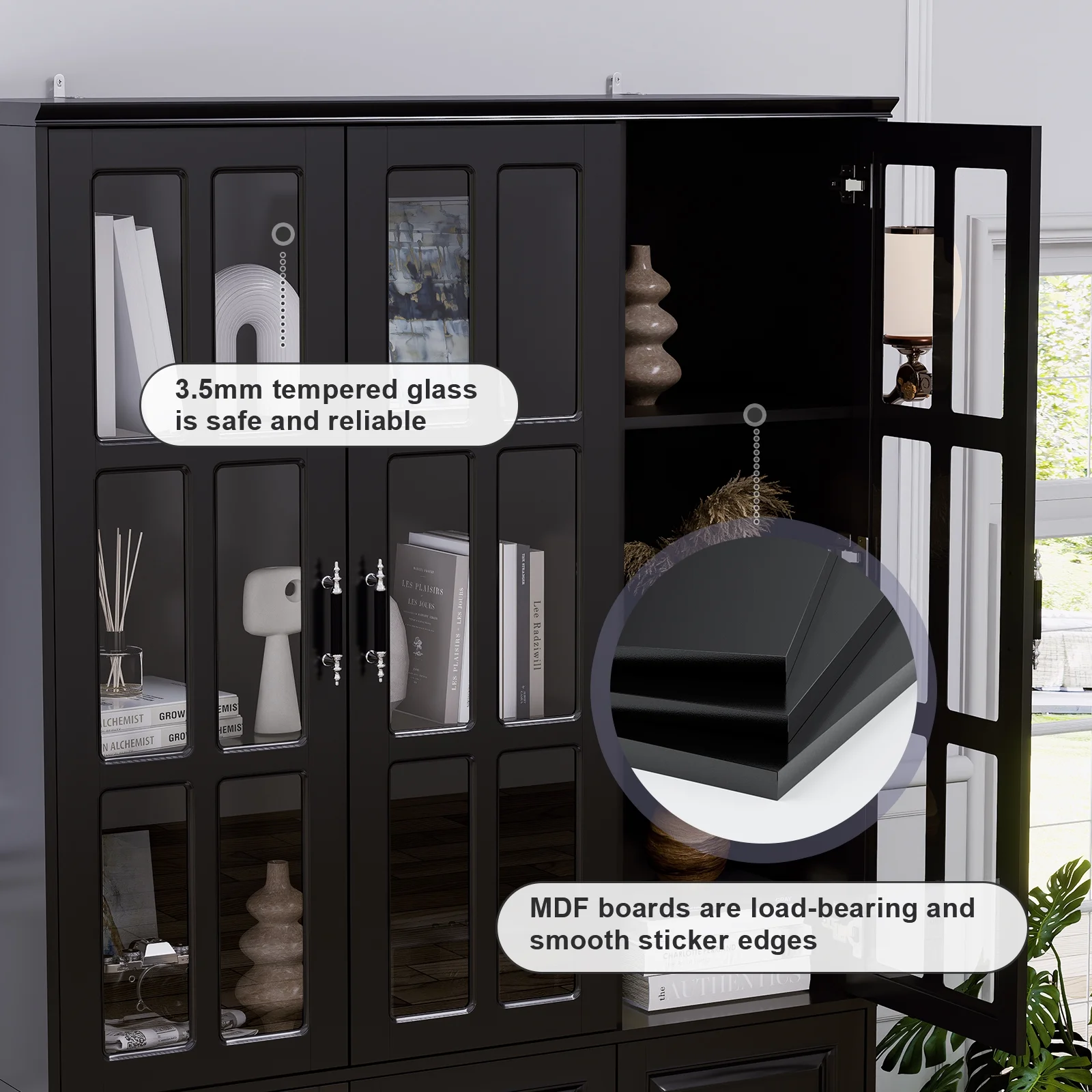 MEISSALIVVE Kitchen Pantry Storage Cabinet, 78.7" Tall Pantry Cabinet with Glass Doors & Shelves, Freestanding Kitchen Hutch Utility Pantry, Food Pantry Cabinet Cupboard, Black (47.2" W x 15.7" D) - Curated Treasures Market