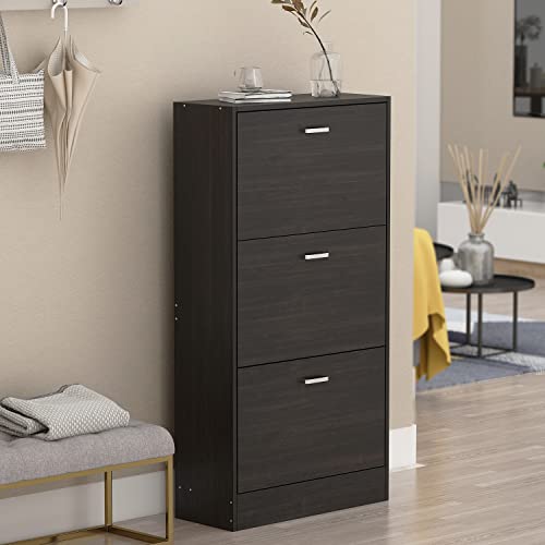 Homsee Modern Shoe Storage Cabinet with 3 Flip Drawers, Wood 3-Tier Shoe Rack Storage Organizer for Entryway, Hallway & Bedroom, Black-Brown (23.6”L x 9.4”W x 45.5”H)