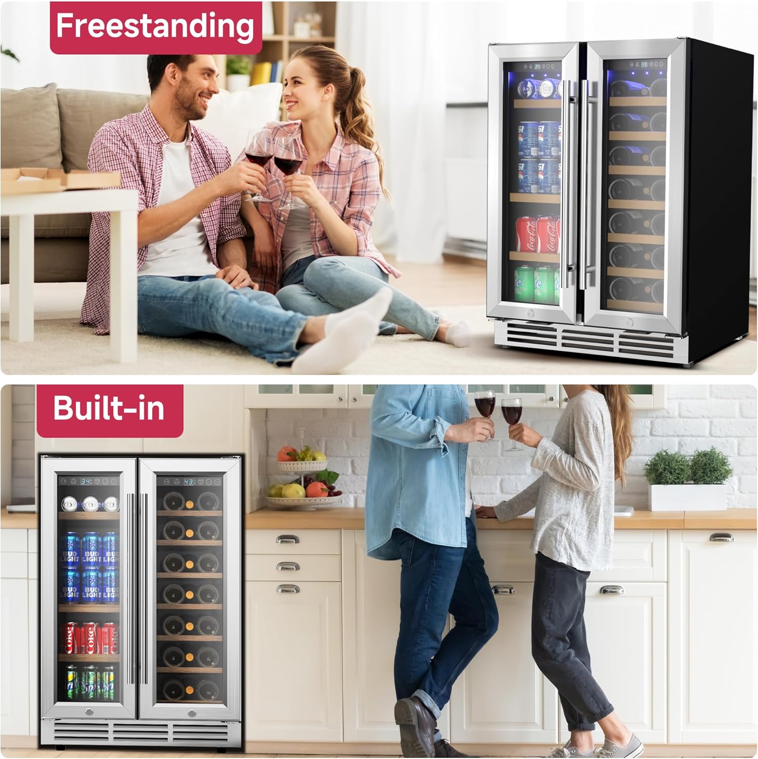 24" Wine and Beverage Refrigerator, Dual Zone Wine Cooler with Glass Door, Hold 88 Cans and 21 Bottles, Built in or Freestanding Under Counter Wine Fridge with Blue LED Light.