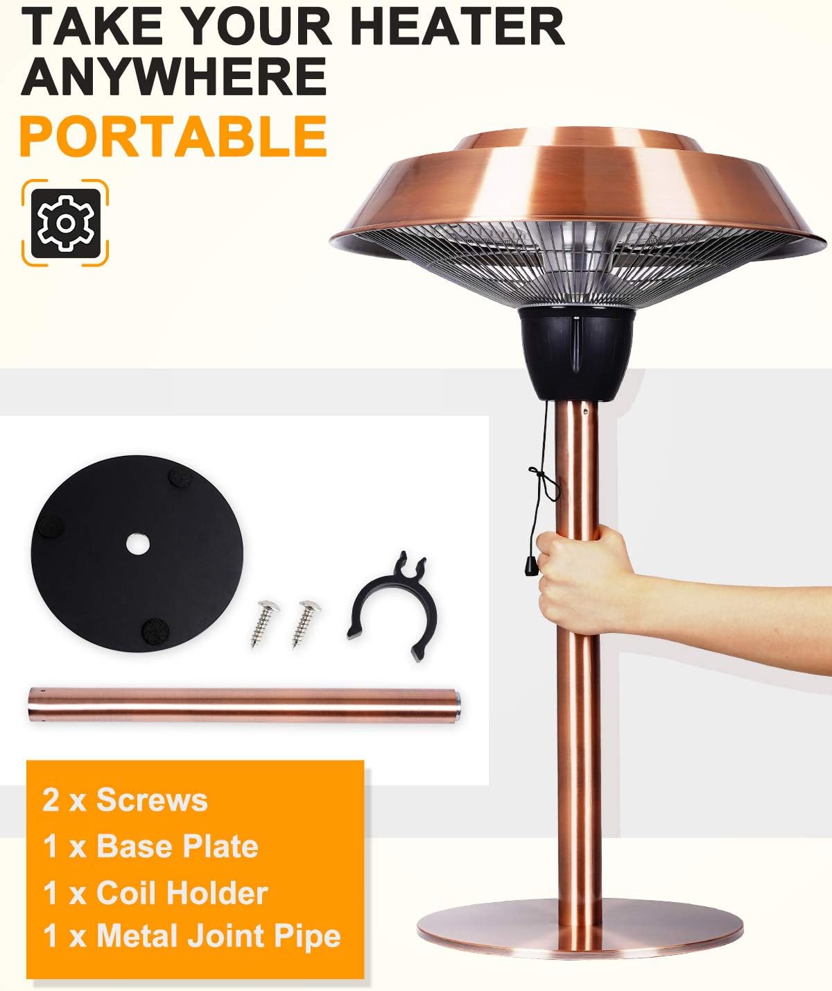 Star Patio Electric Patio Heater, Outdoor Heater, 1500W Infrared Heater with Brush Copper Finished, Tip-Over Protection, Electric Tabletop Heater, IP44 Waterproof, STP1566-CT-B