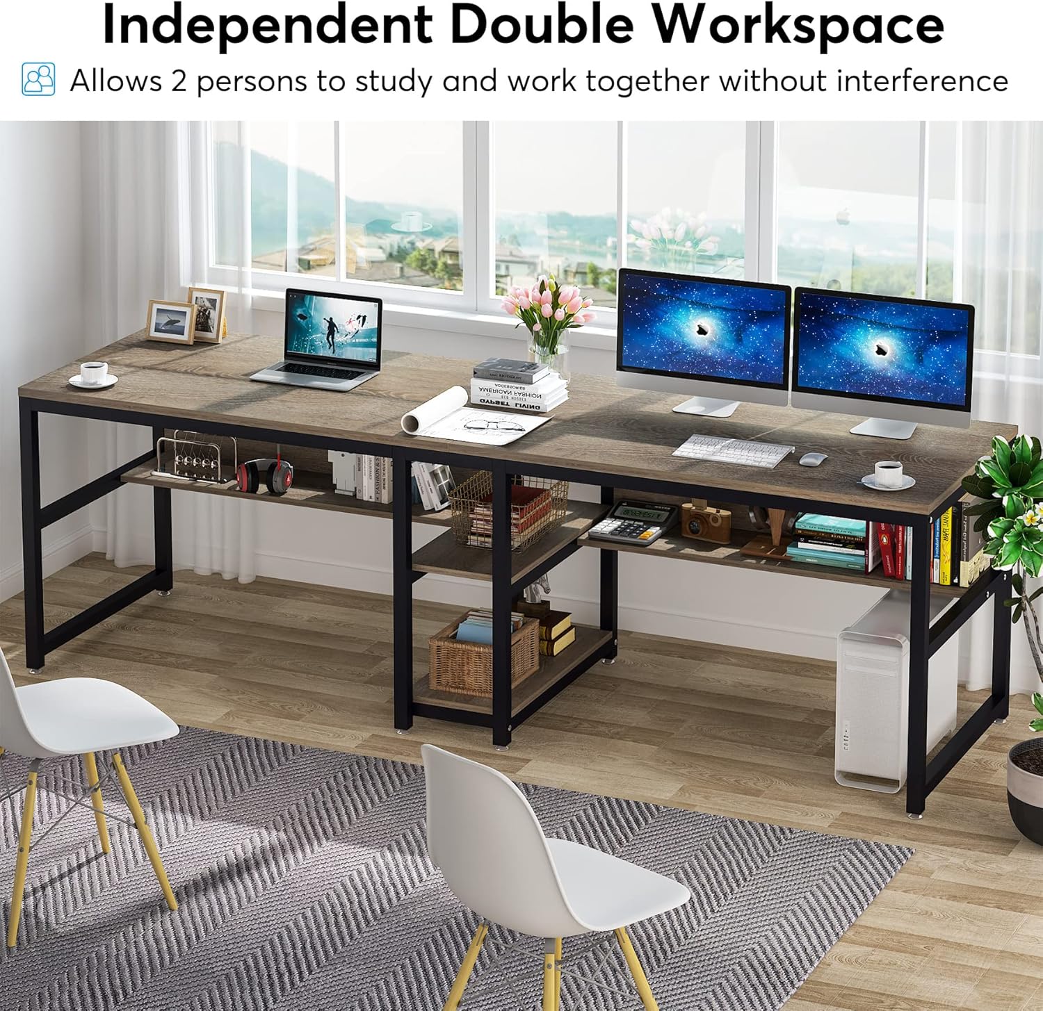 78.7" Two Person Desk with Bookshelf, Large Computer Office Double Desk for Two Person, Industrial Study Writing Table Workstation with Shelves for Home Office