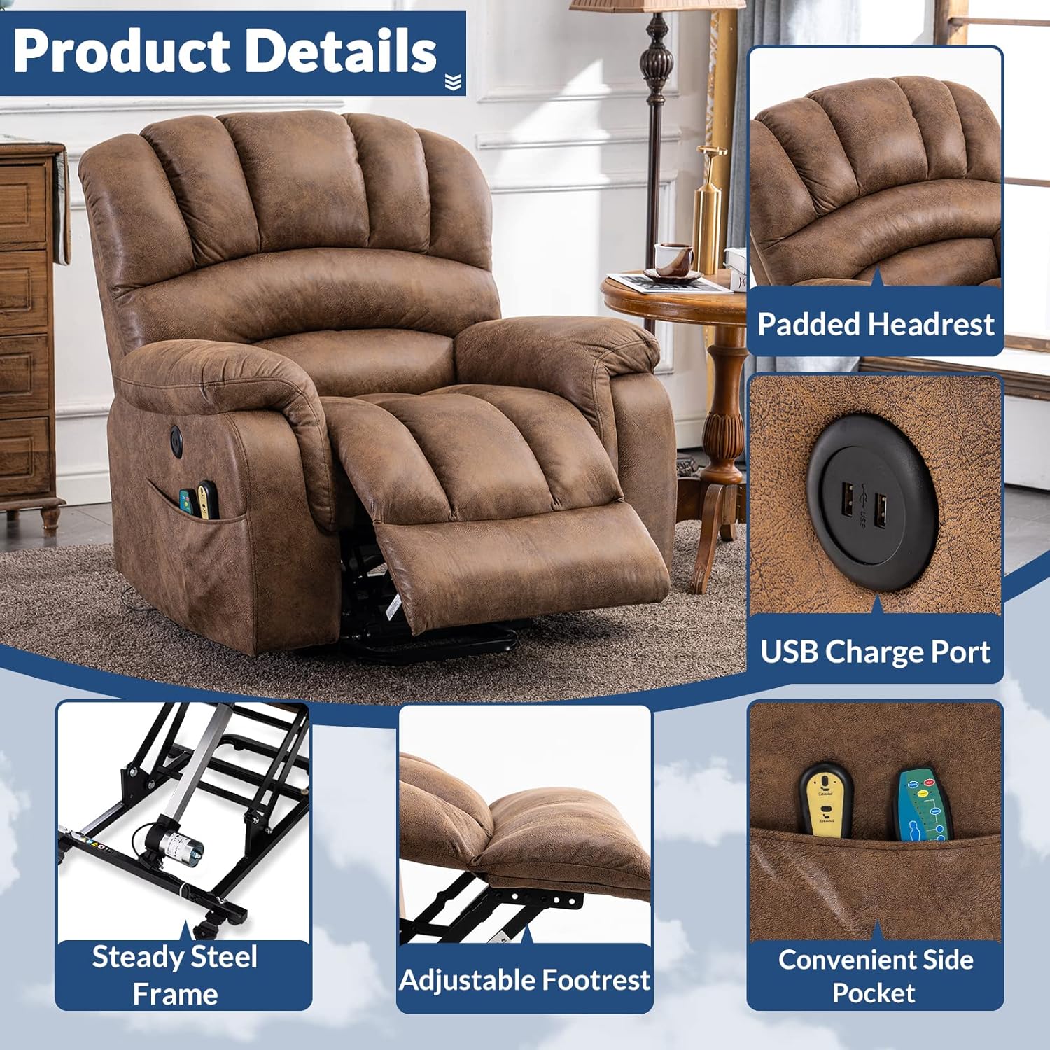 Large Electric Power Lift Recliner Chair for Elderly Big People, Heated Massage Motorized Reclining Sofa, Wide Recliners with 2 Remote Controls, Side Pockets & USB Ports, Brown