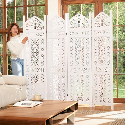 5.75Ft Room Divider Wood Carved Wall Divider Indoor Folding Portable Partition Screen for Home Office Garden Terrace - 4 Panel (Antique Brown)