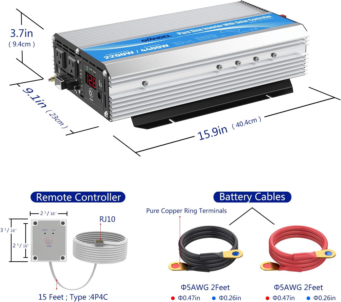 GIANDEL 2200W Pure Sine Wave Power Inverter 12V DC to 110V 120V AC with 20A Solar Charge Control and Remote Control&LED Display and Dual AC Outlets &1x2.4A USB Port for RV Truck Car Solar System
