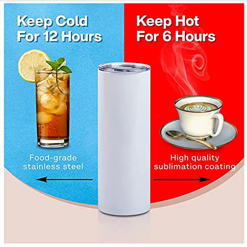 QOMOLANGMA Sublimation 20 oz Skinny Straight Tumbler Blank Stainless Steel Insulated Water Bottle Double Wall Vacuum Travel Cup With Sealed Lid and Straw White US Stock (25PCS)