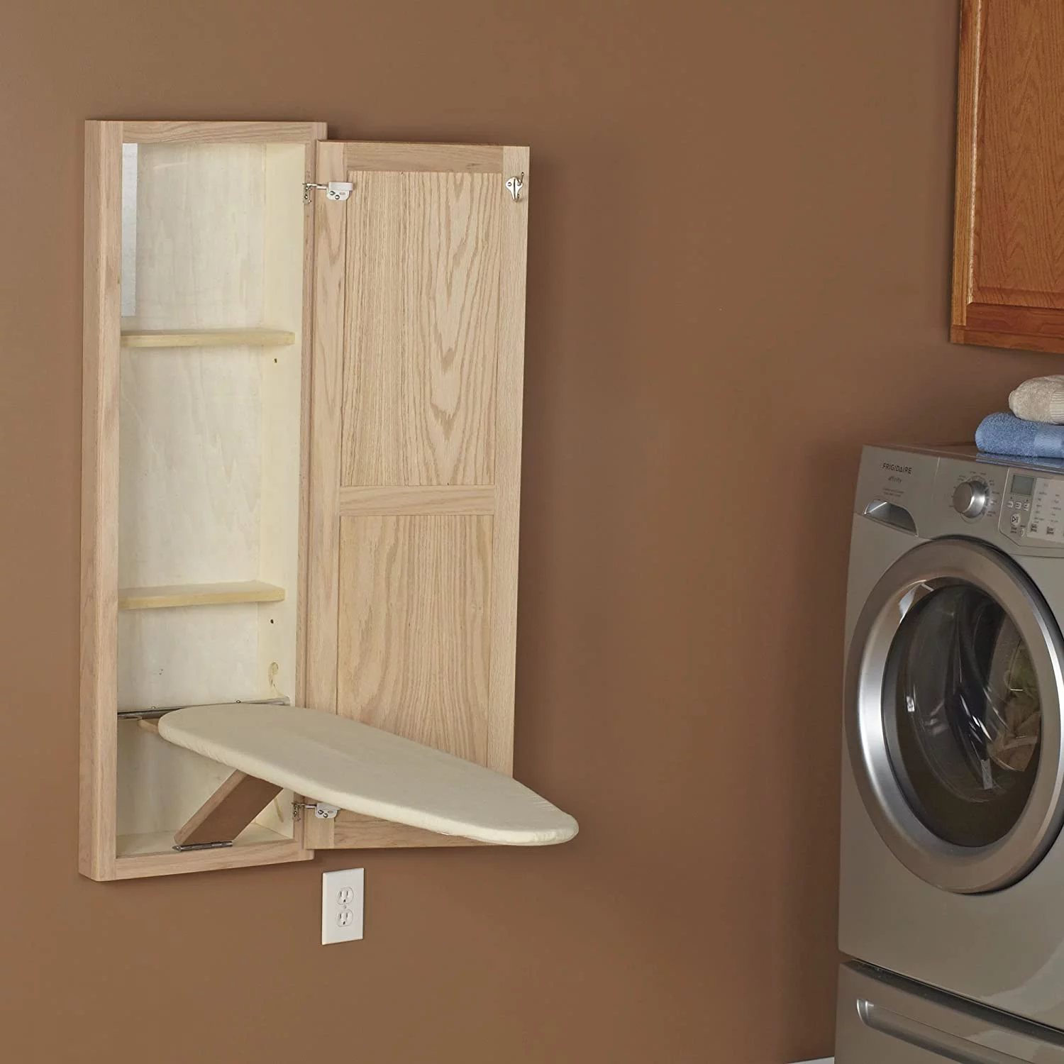 YINCHEN Ironing Board Cabinet, In-Wall Recessed Ironing Board Cabinet with Storage Shelves, Unfinished Wood, Oak