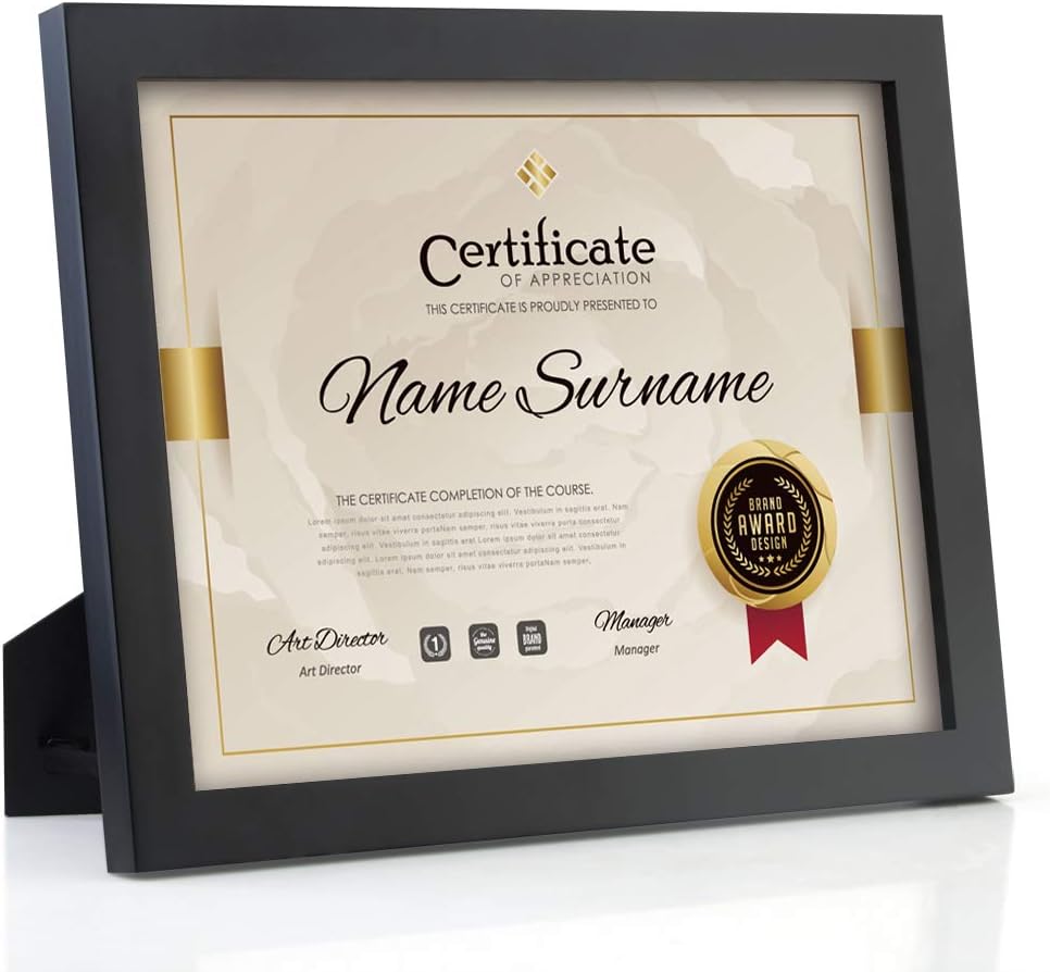 RPJC Document Frame Certificate Frames Made of Solid Wood High Definition Glass and Display Diplomas 8.5x11 Inch Standard Paper Frame with Stand Black