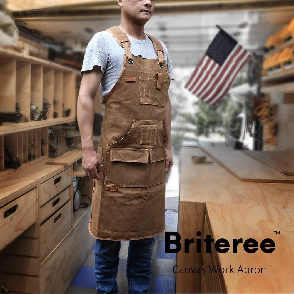 Briteree Woodworking Aprons for men, Gift for Woodworker, with 9 Tool Pockets, Durable Waxed Canvas
