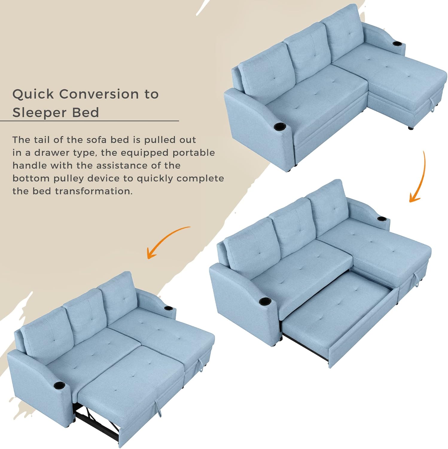 80.3" L-Shape Convertible Sleeper Sofa with Pull-Out Bed, Storage Chaise and 2 Cup Holders, Linen Fabric 3 Seater Upholstered Reversible Couch for Small Spaces Living Room, Blue
