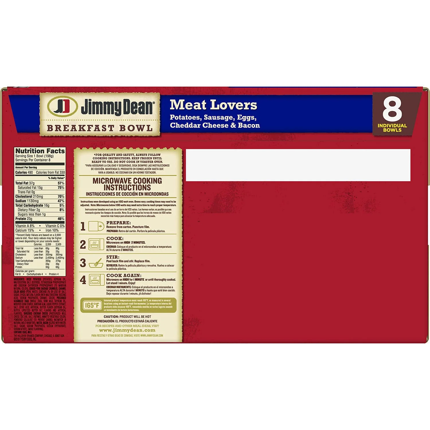 Jimmy Dean Meat Lovers Breakfast Bowls - 3 Boxes (8 Bowls Each, 24 Bowls Total) - Potatoes, Sausage, Eggs, Cheddar Cheese and Bacon - Frozen Meal