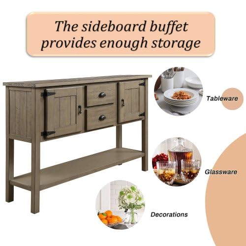48'' Sideboard Buffet with Storage, Entryway Table with Storage, with 2 Drawers 2 Cabinets and Lower Shelf, Wooden Coffee Bar Cabinet Buffet for Kitchen Dining Room (Antique White)