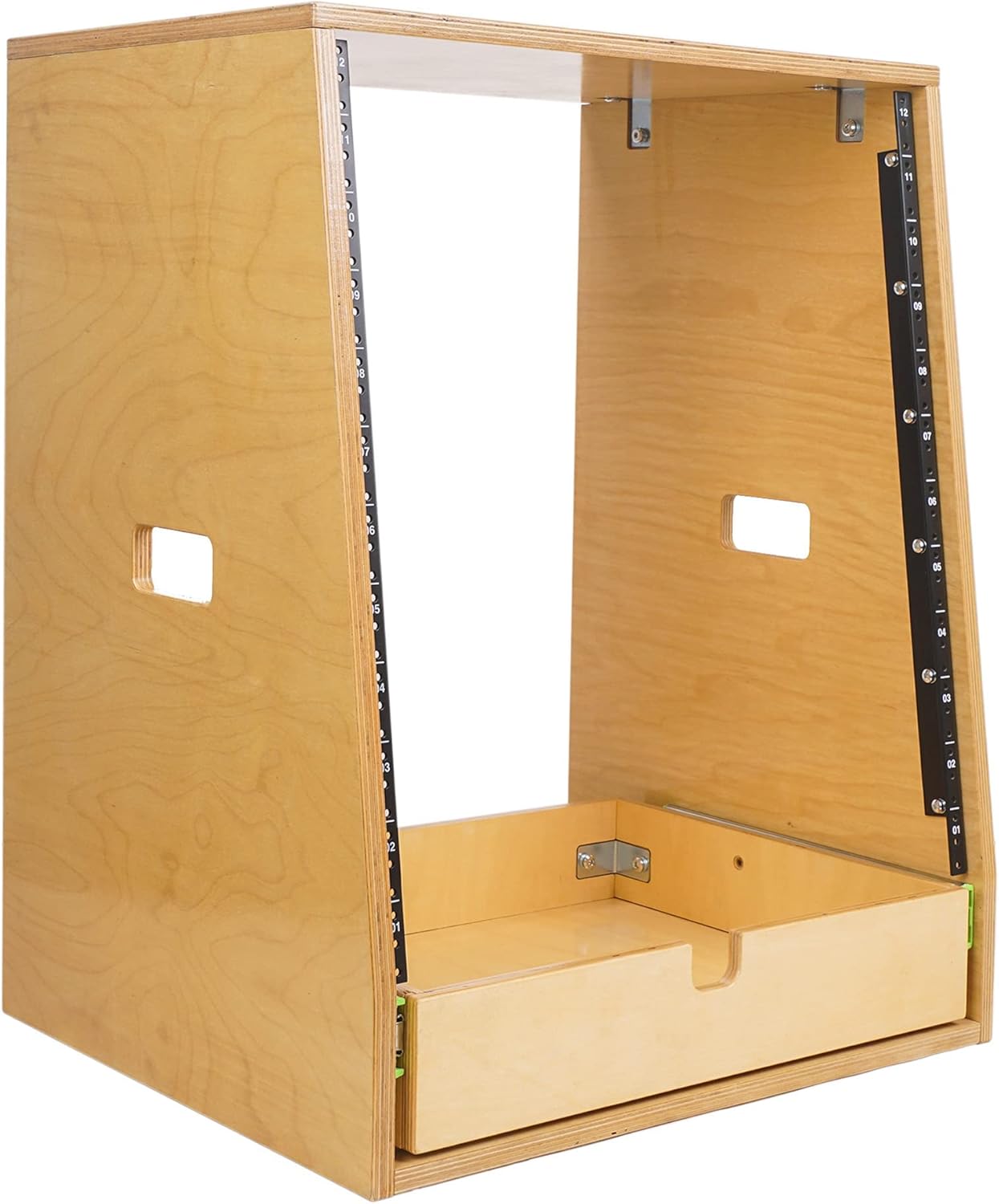 Sound Town 12U DIY Slanted Studio Rack with 12U Rack Space, Extra 2U Drawer, Plywood, Rubber Feet, Casters, Weathered Gray (SDRK-12TBD2)