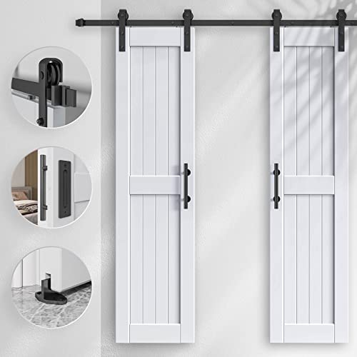 EaseLife 54 x 84 inch White Barn Door with 9FT Sliding Door Hardware Kit Included & Handle,Solid Wood Covered with Waterproof PVC Surface,DIY Assemblely,Easy Install,H-Frame,Fit 50-52in Wide Opening