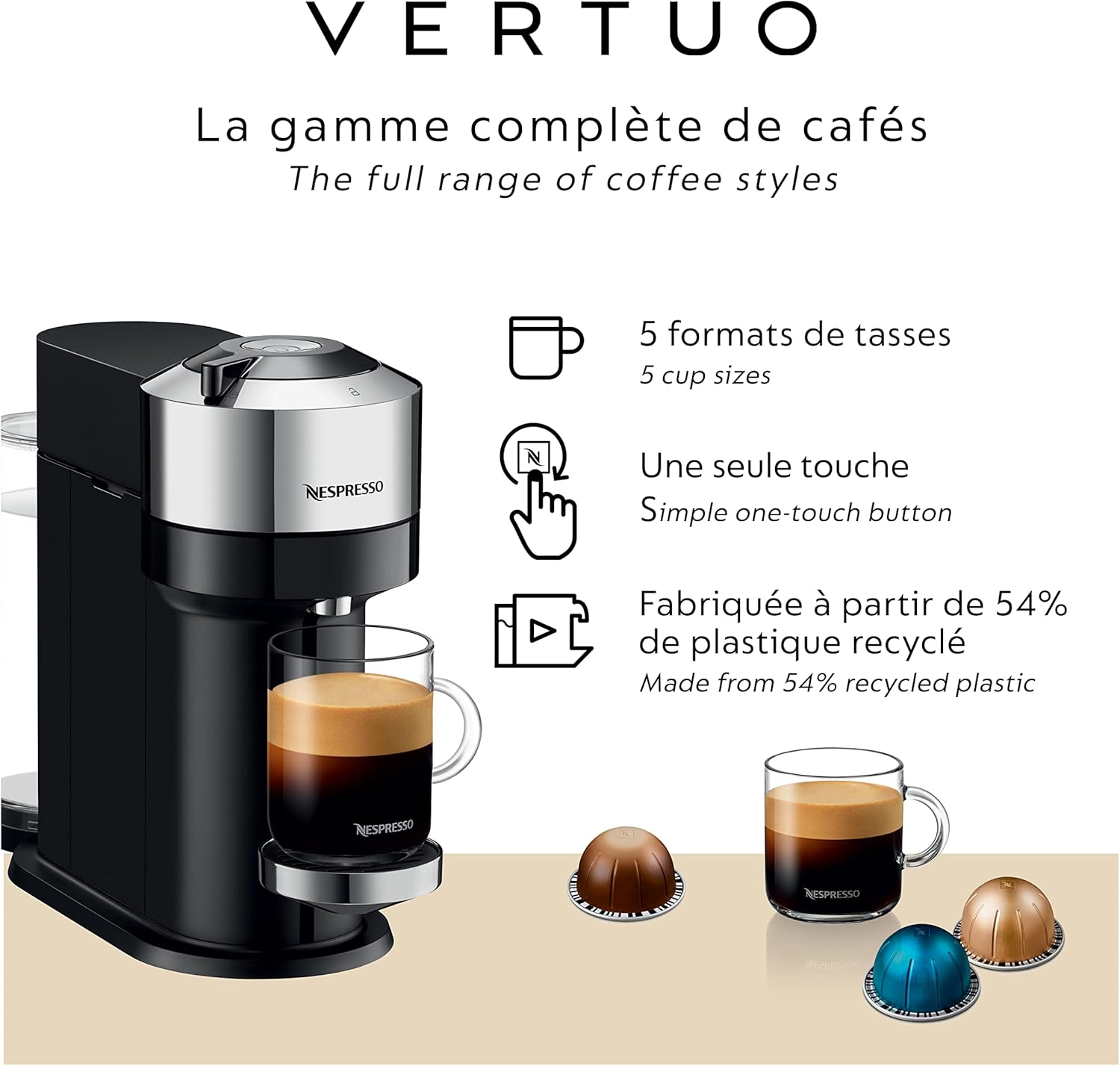 Nespresso Vertuo Next Premium Coffee and Espresso Machine by De'Longhi - Chrome
