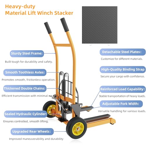 Hydraulic Material Lift Pallet Truck 450 lbs Manual Winch Stacker 36" Max Lift Dolly, Pallet Lift Table, 18.5" Fork Length, 9" Polyurethane Wheels