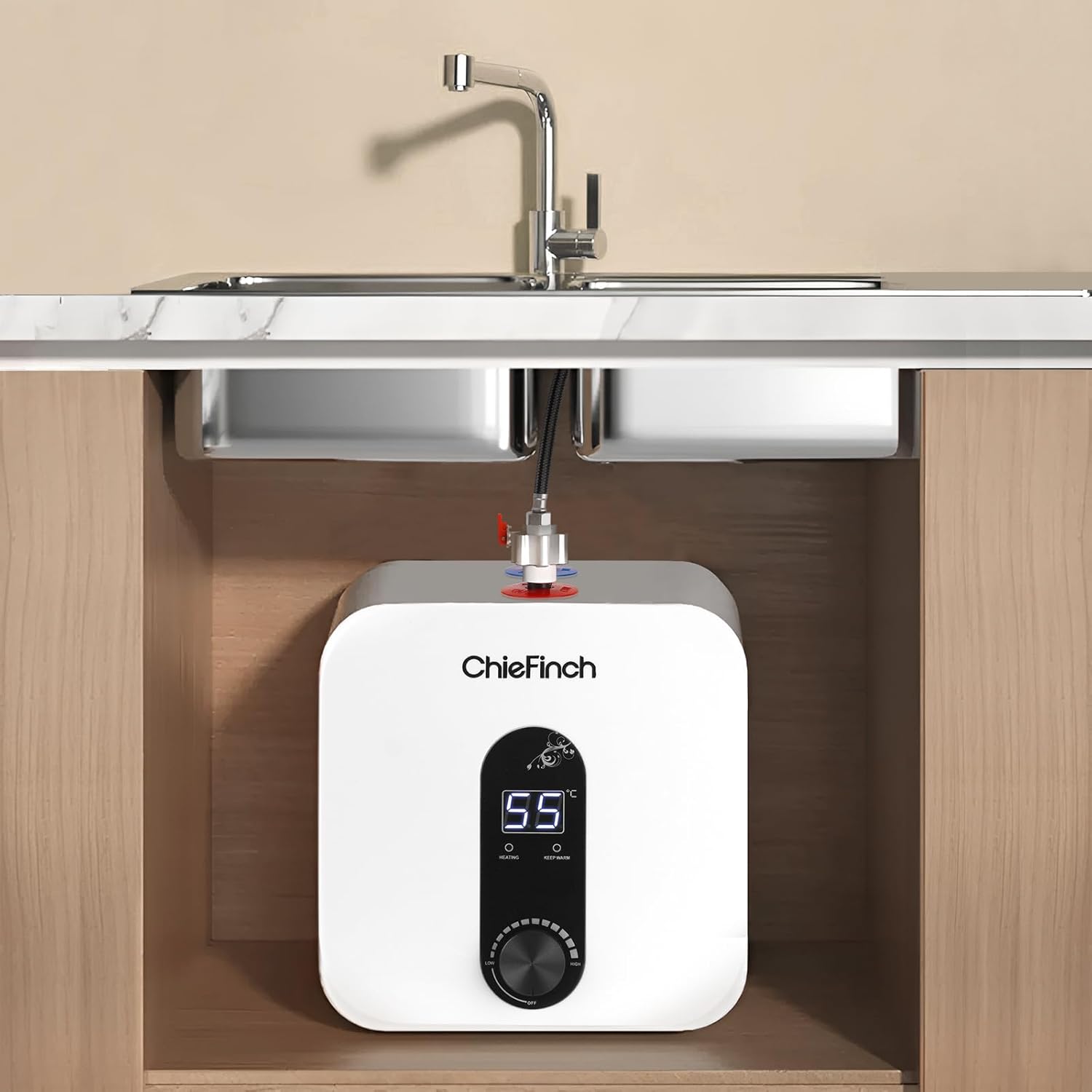 Mini-Tank Electric Under Sink Water Heater 2.6 Gallon Point of Use Instant Electric On Demand Hot Water Heater for Kitchen Counter Rv Tr Trailer, 110V/120V 1500W, White, DSZF-10