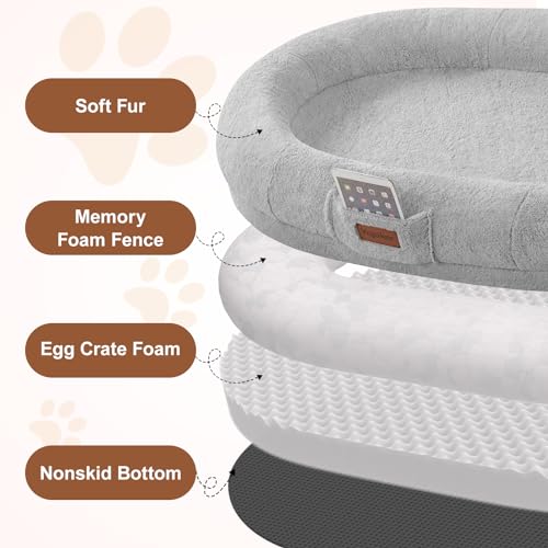 Human Dog Bed for People Adults, Giant Foldable Bean Bag Bed with Blanket, Washable Faux Fur Nap Floor Bed Adult for People, Pets Removable Large Memory Foam Human Sized Dog Bed Black