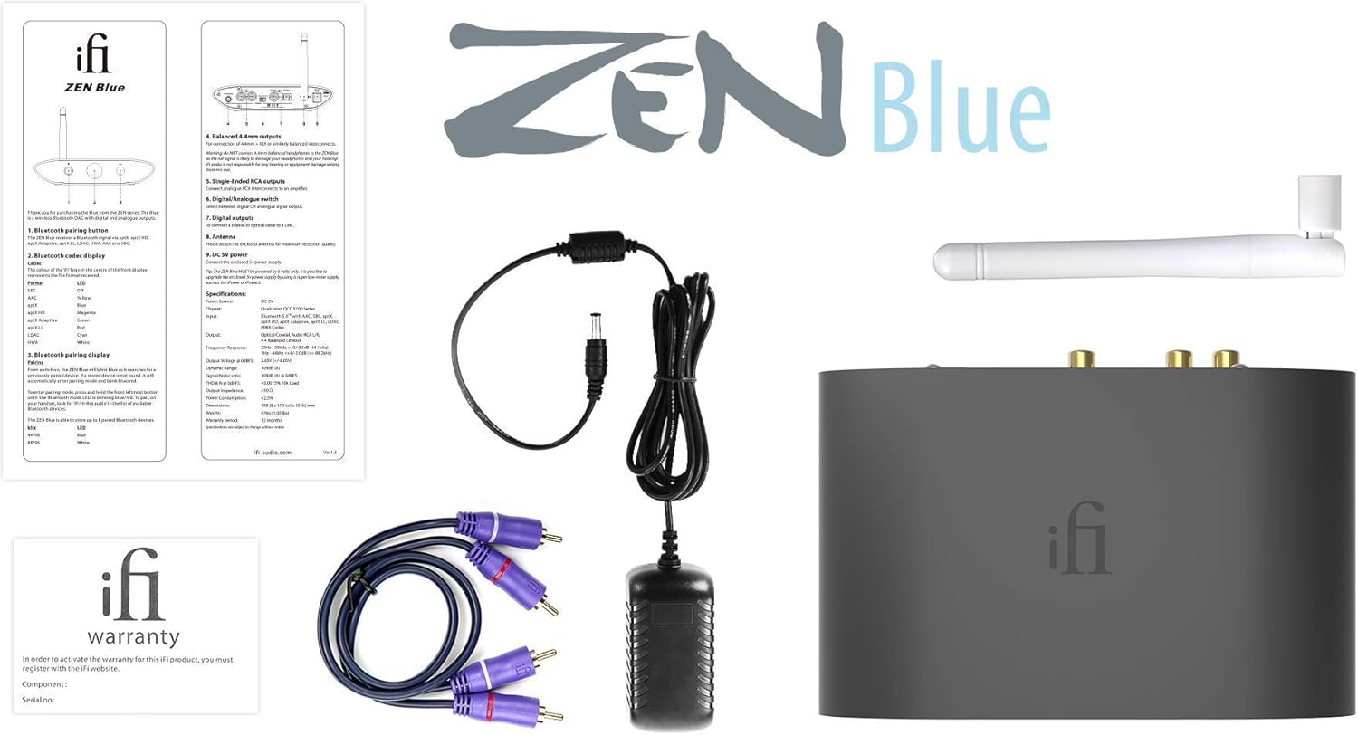 iFi Zen Blue HiFi Bluetooth Receiver Desktop DAC/Adapter - Wireless Input/Outputs - Optical/Coaxial/SPDIF/RCA / 4.4 Balanced - Audio System Upgrade (Unit Only)