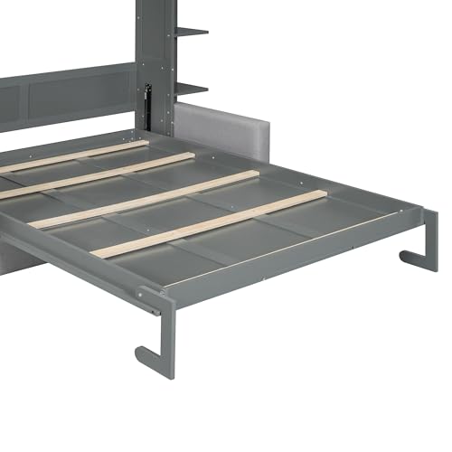 Polibi Queen Size Murphy Bed - Multi-Functional Wall Bed with Sofa Cushion, Folds into Cabinet, Ideal for Guest Room/Home Office/Gym, Gray