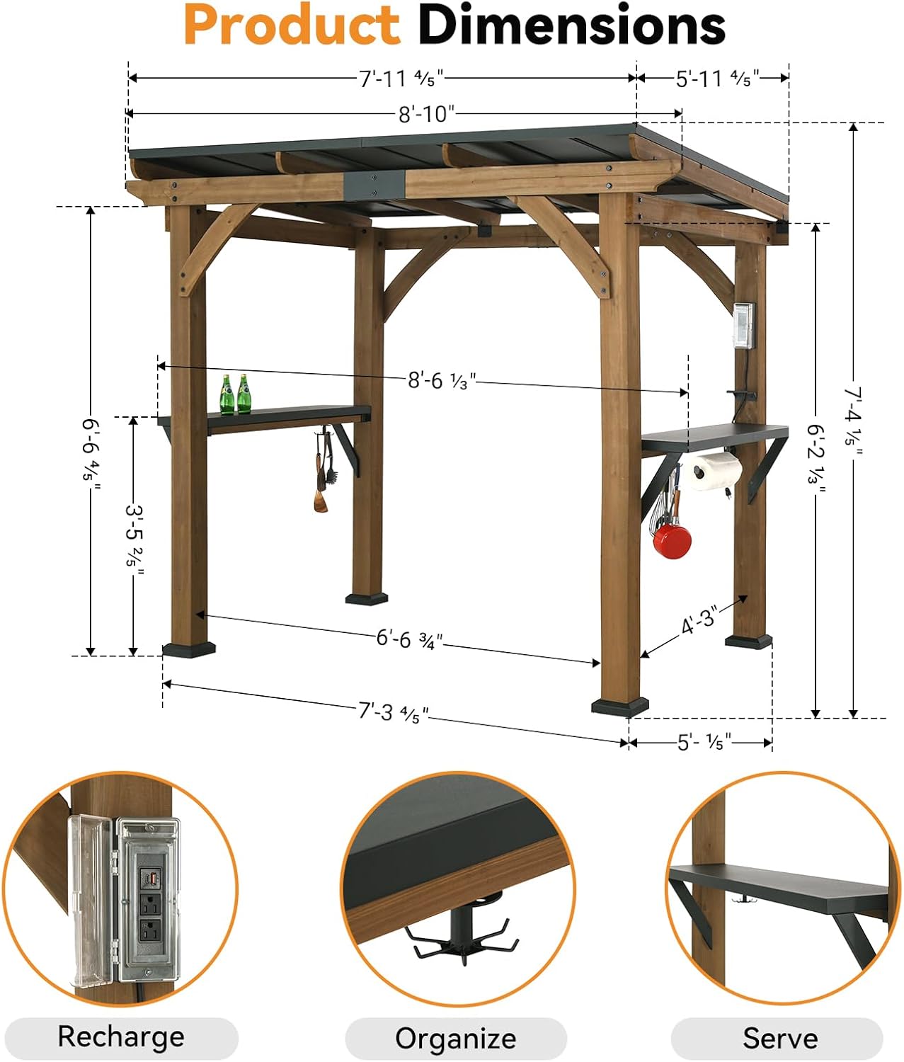 Modern Shade Grill Gazebo 6' X 8', Cedar Wood Gazebo with Shelves and Paper Towel Holder, Patio Gazebo with Galvanized Steel Roof, USB and USB-C Charging Ports, BBQ Gazebo for Patio Backyard