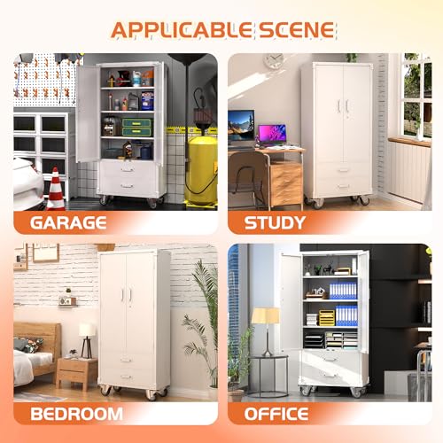 73" H Metal Storage Cabinet with Wheels, Garage Storage Cabinet with 4 Adjustable Shelves and Lockable Doors for Garage Home Office Utility Room,Required Assembly,Black