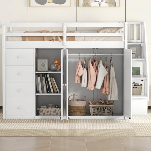 Full Size Loft Bed with Stairs and Wardrobe, Wood Loft Bed Frame with Storage Cabinet, Open Closet and Drawers, Adults Loft Beds with Hanging Rod & Shelves for Kids, Teen, Gray
