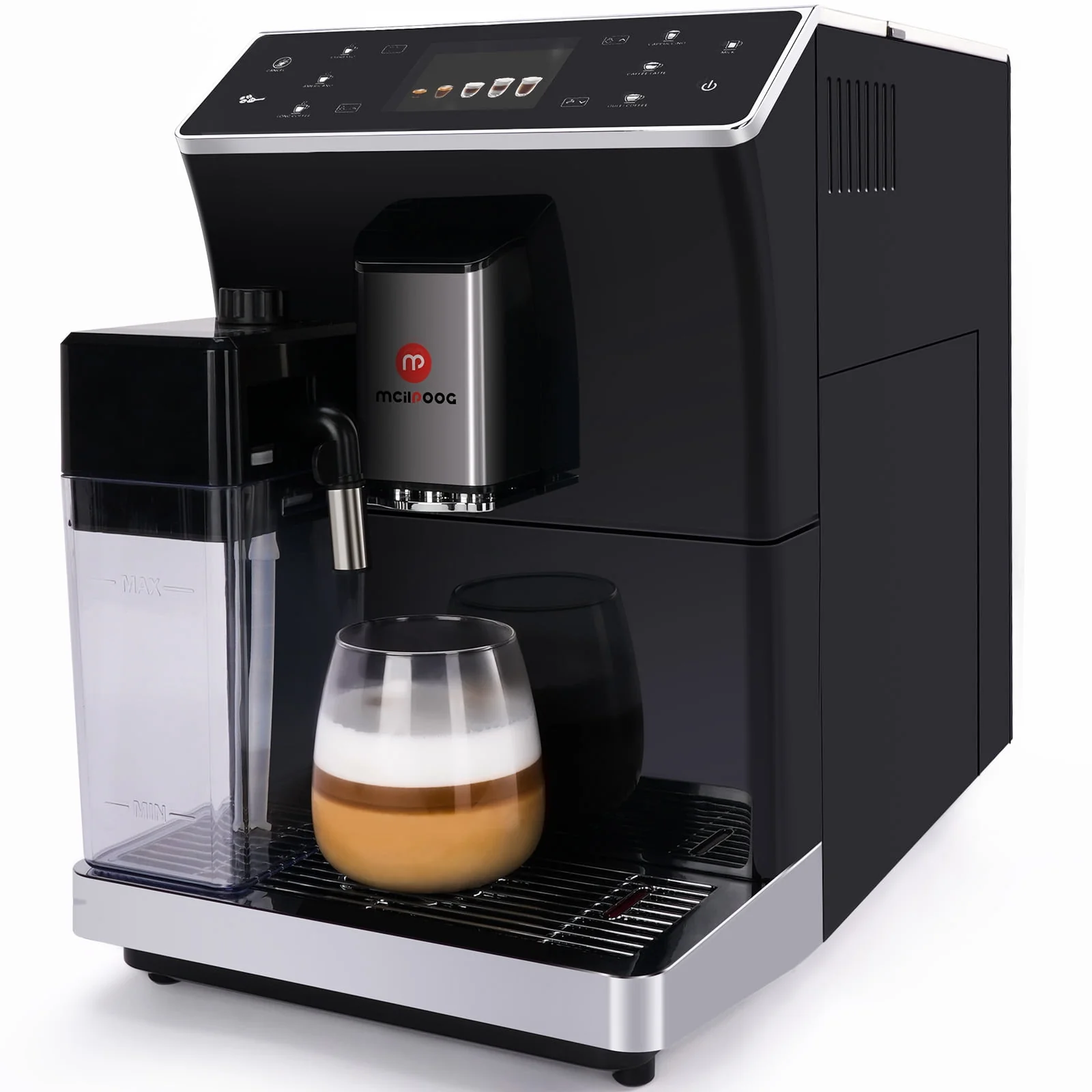 Mcilpoog Super Automatic Espresso Coffee Machine,Fully Automatic Espresso Machine With Grinder, Easy To Use Touch Screen Coffee Maker with Milk Frother.8 Coffee Recipes.WS-202