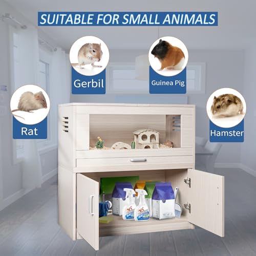 Hamster Cage with Storage Cabinet Small Animal Cage, Easy View Acrylic Panels, Large Habitat for Hedgehog Gerbil & Rat 31.5" Lx 15.75" x 32.28" (Teak)