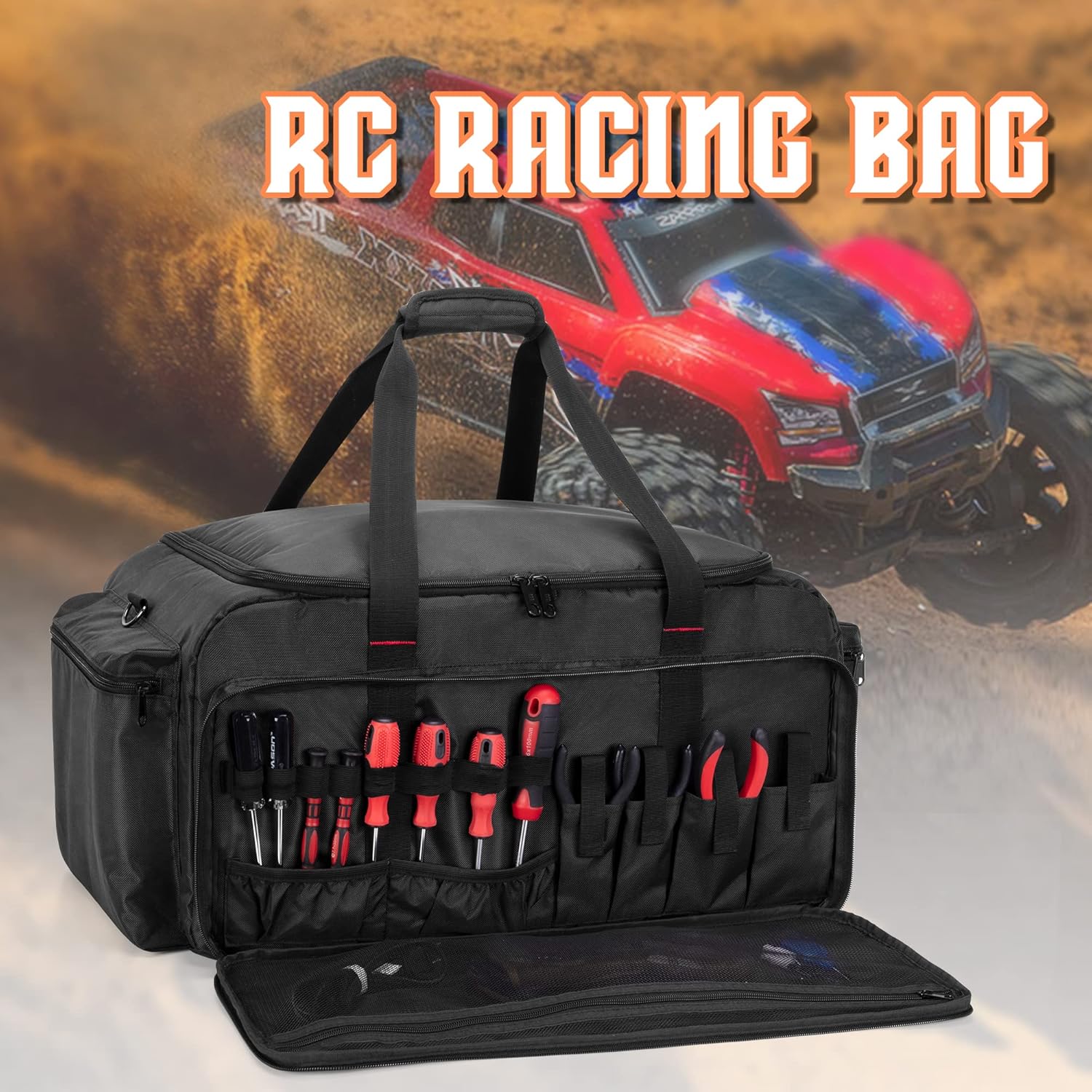 DSLEAF RC Storage Bag for 1/8 Car, Protective RC Carry Case with Multi Pockets for Batteries, Charger, Tools and other Accessories