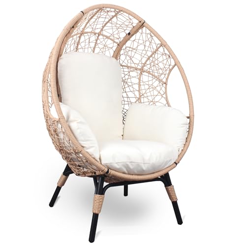 2 Pieces Patio PE Wicker Egg Chairs with Natural Color Rattan Beige Cushion