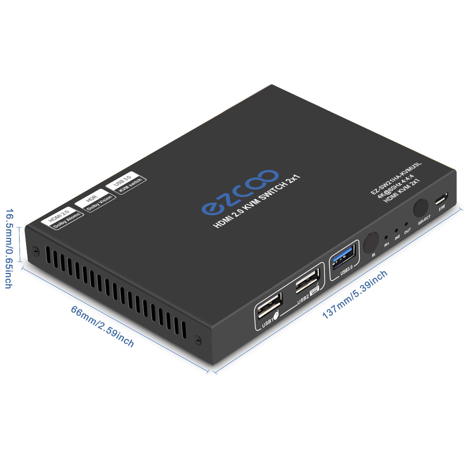 USB 3.0 KVM Switch HDMI 2-Port 4K60 4:4:4 HDR Atmos 1 Monitor with Stereo Audio Extractor Mic IR Remote - for 2 Computers Share Keyboard Mouse Printer, 2 USB3.0 Cables,USB Selector Hub SW21KVM