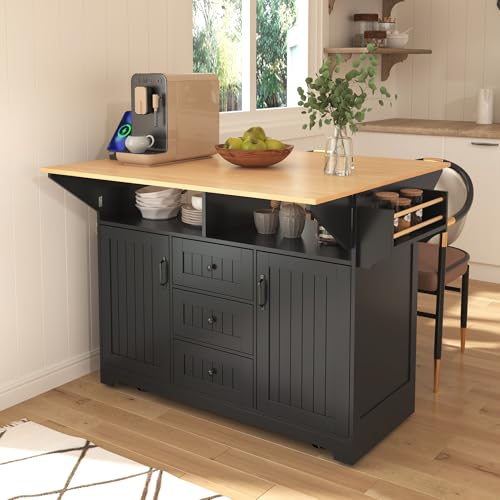 Foldable White 55.7 Inch Kitchen Storage Island Cart with 2 Drop Leaf Extensions, 5-Wheel Rolling Table, Power Outlet & USB Port, 3 Drawers Spice Rack Towel Holder for Small Spaces