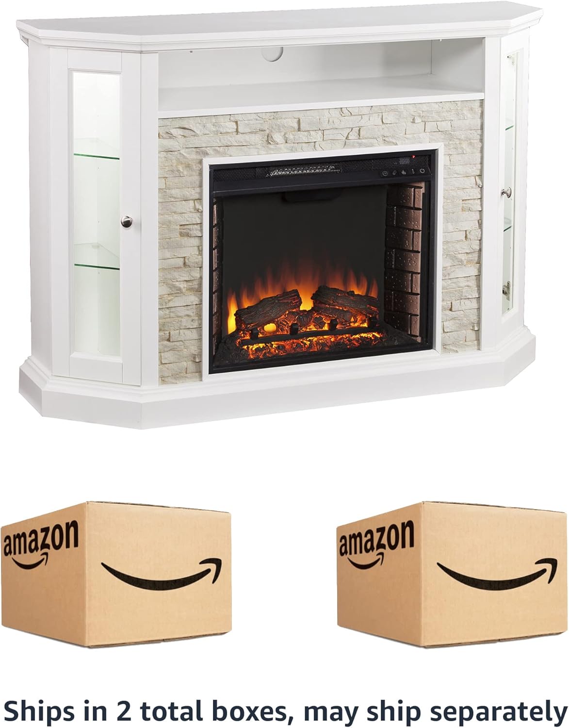 SEI Furniture Redden Faux Stone Convertible Electric Media Storage Corner Fireplace, Fresh White