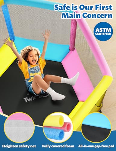 60" Trampoline for Kids, Twinkoo 5FT Fortified Toddler Trampolines with Anti-Rollover Bottom, Indoor/Outdoor Toddler Trampoline with Safety Enclosure, Adjustable Gymnastics Bars, Basketball Hoop