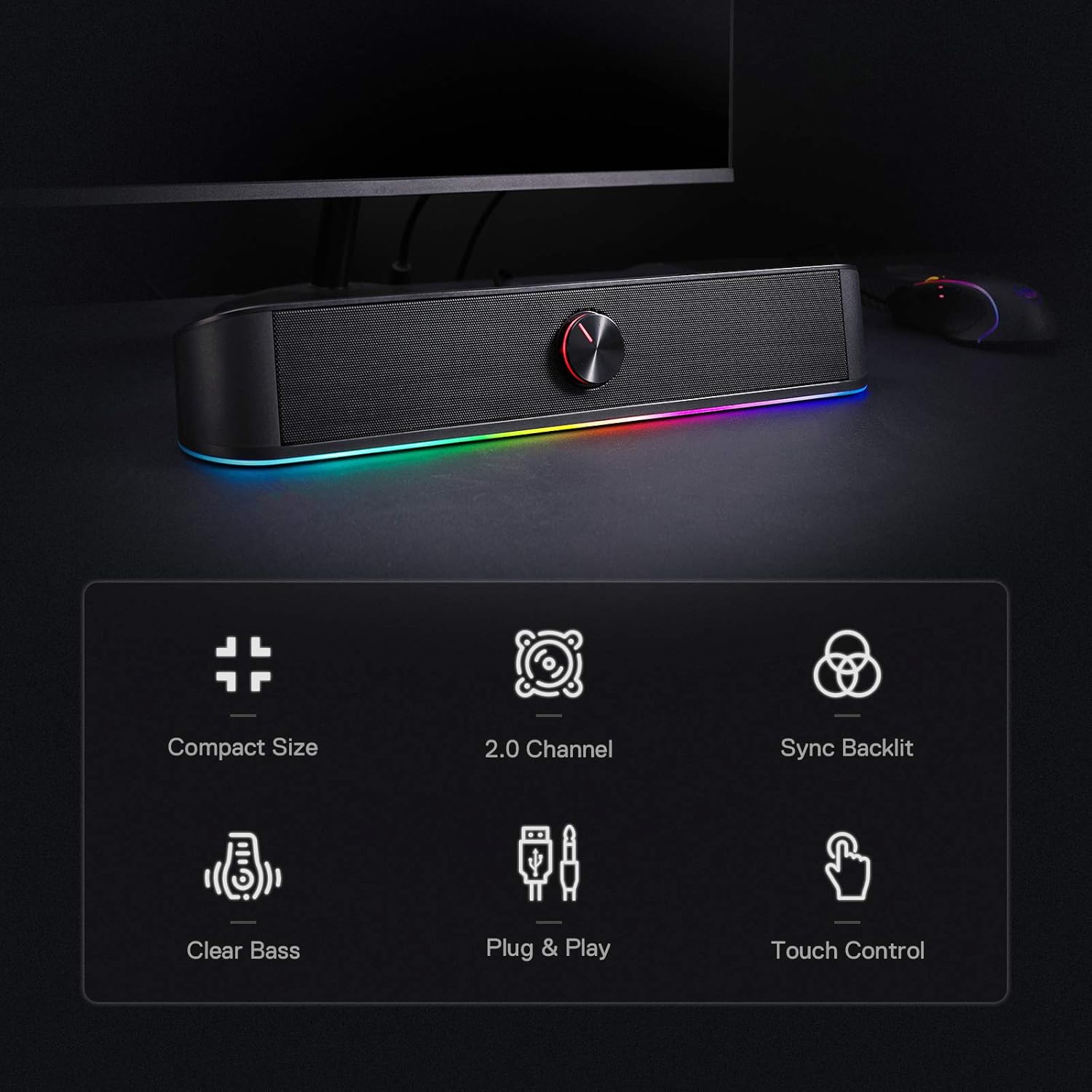 Redragon GS560 Adiemus RGB Desktop Soundbar, 2.0 Channel Computer Speaker with Dynamic Lighting Bar Audio-Light Sync/Display, Touch-Control Backlit with Volume Knob, USB Powered w/ 3.5mm Cable