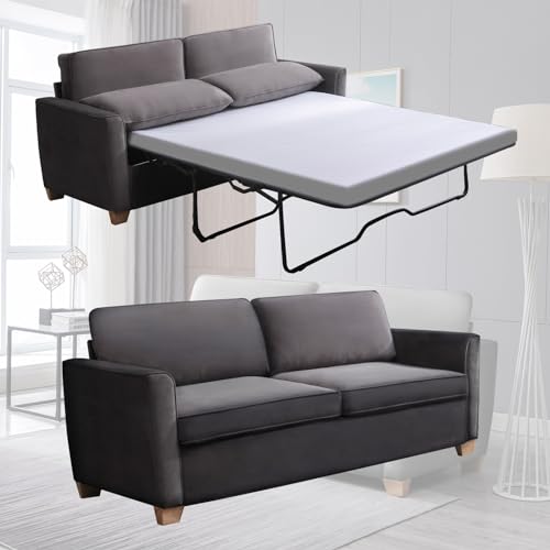 CECER Queen Size Pull Out Sofa Bed, 2-in-1 Design Pull Out Couch Bed with Foldable Mattress, Upholstered Velvet Convertible Sleeper Couch Bed for Living Room, Apartment, Office (Queen, Beige)