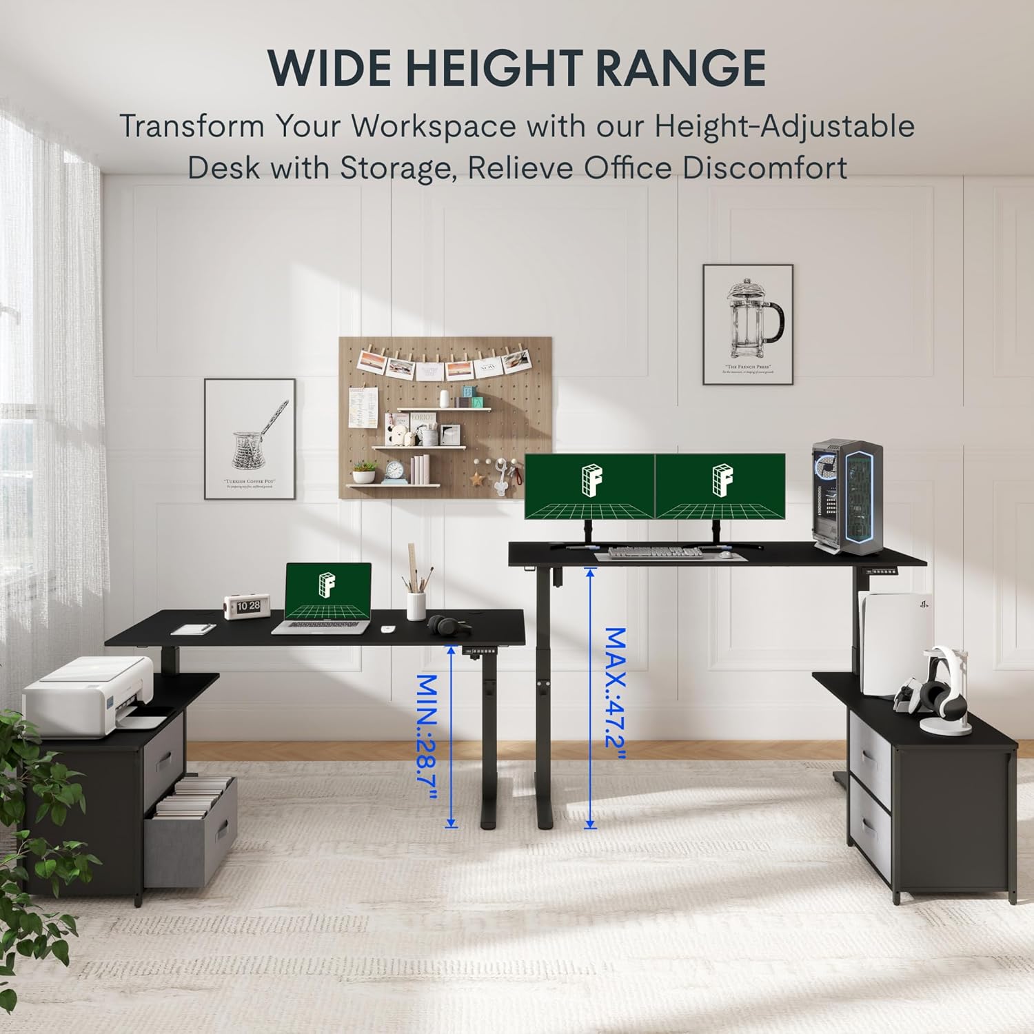 FLEXISPOT 55'' L Shaped Standing Desk with Drawers, Adjustable Height Desk with Shelves, Large Corner Stand Up Desk with Headphone Hooks for Home Office, Black Top+ Black Frame